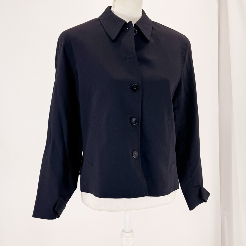 Talbots Petite Cropped Boxy Wool Blend Jacket Navy Button Front USA Made 6P Navy